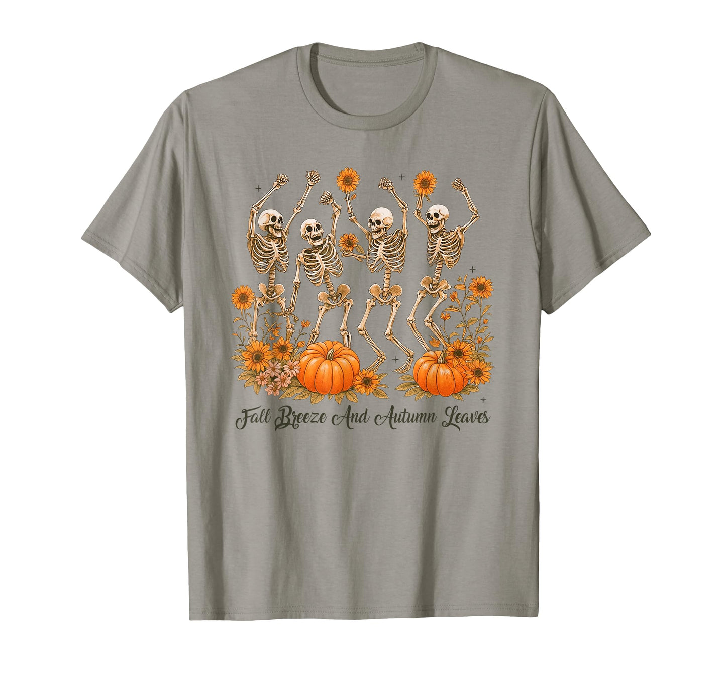 Fall Breeze and Autumn Leaves Dancing Skeleton Halloween T-Shirt