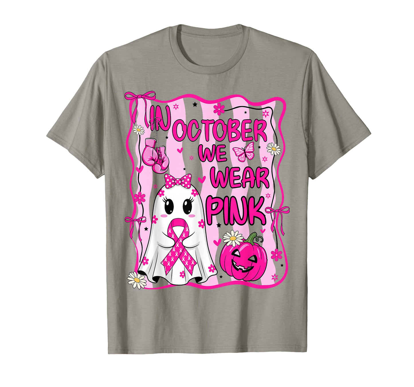 October We Wear Pink Breast Cancer Ghost Halloween Pumpkin T-Shirt