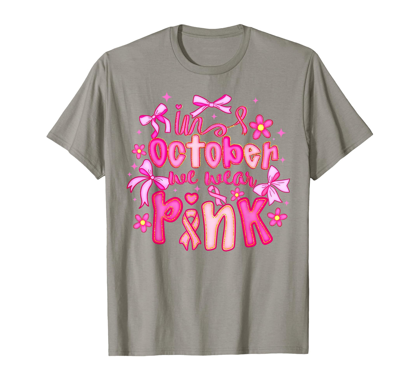 in October We Wear Pink Coquette Bow Breast Cancer Awareness T-Shirt