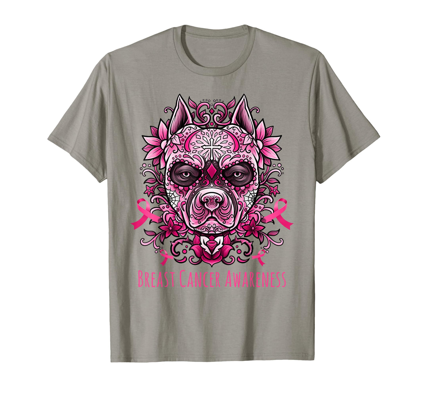 Funny Sugar Skull Pitbull Dog Breast Cancer Day Of The Dead T-Shirt