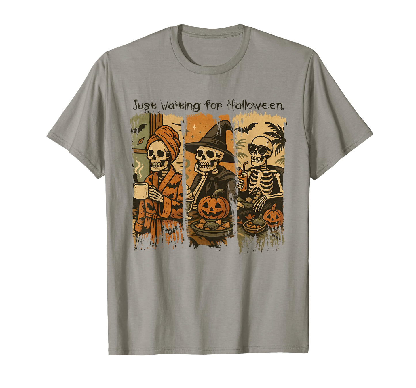 Just Waiting for Halloween Skeleton Coffee Witch Pumpkin T-Shirt