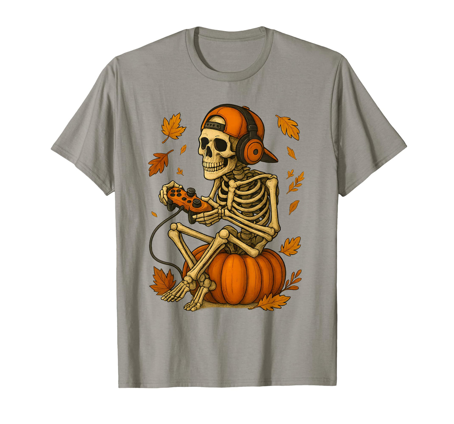 Gamer Skeleton on Pumpkin Fall Vibes Halloween Gaming Video T-Shirt
