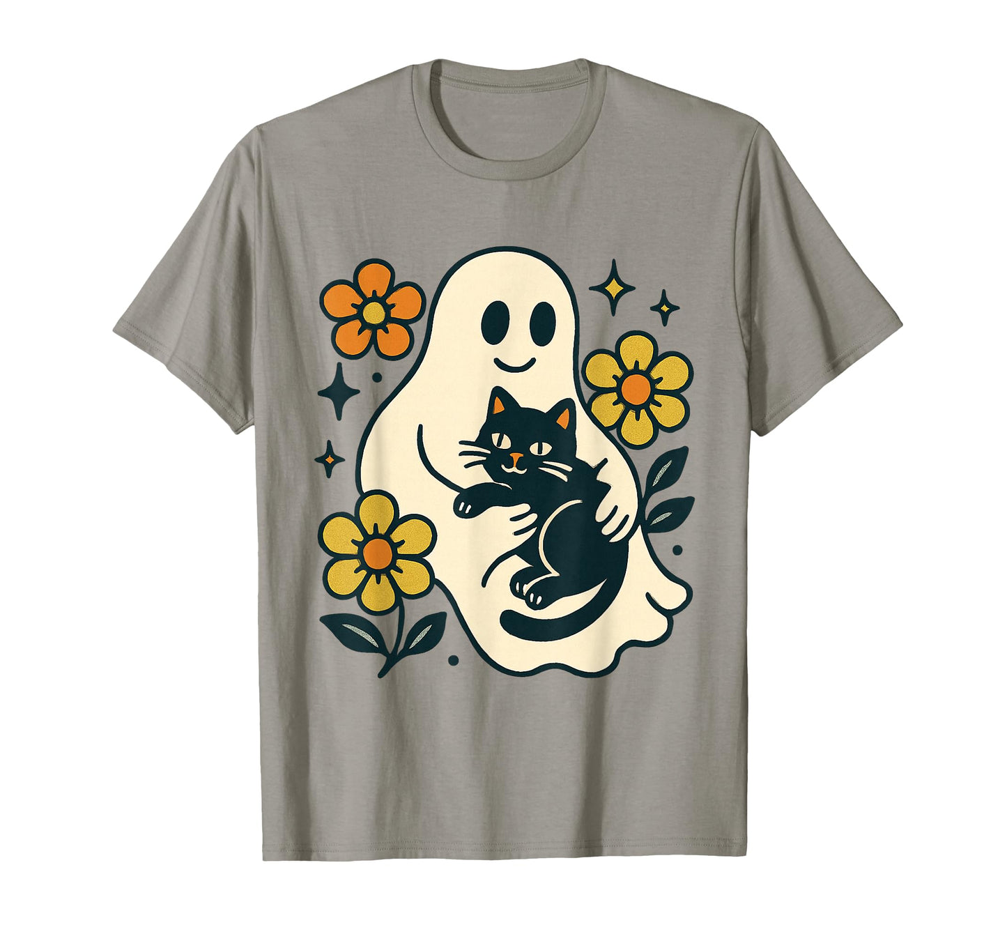 Vintage Halloween Ghost Holding Black Cat Groovy Floral T-Shirt