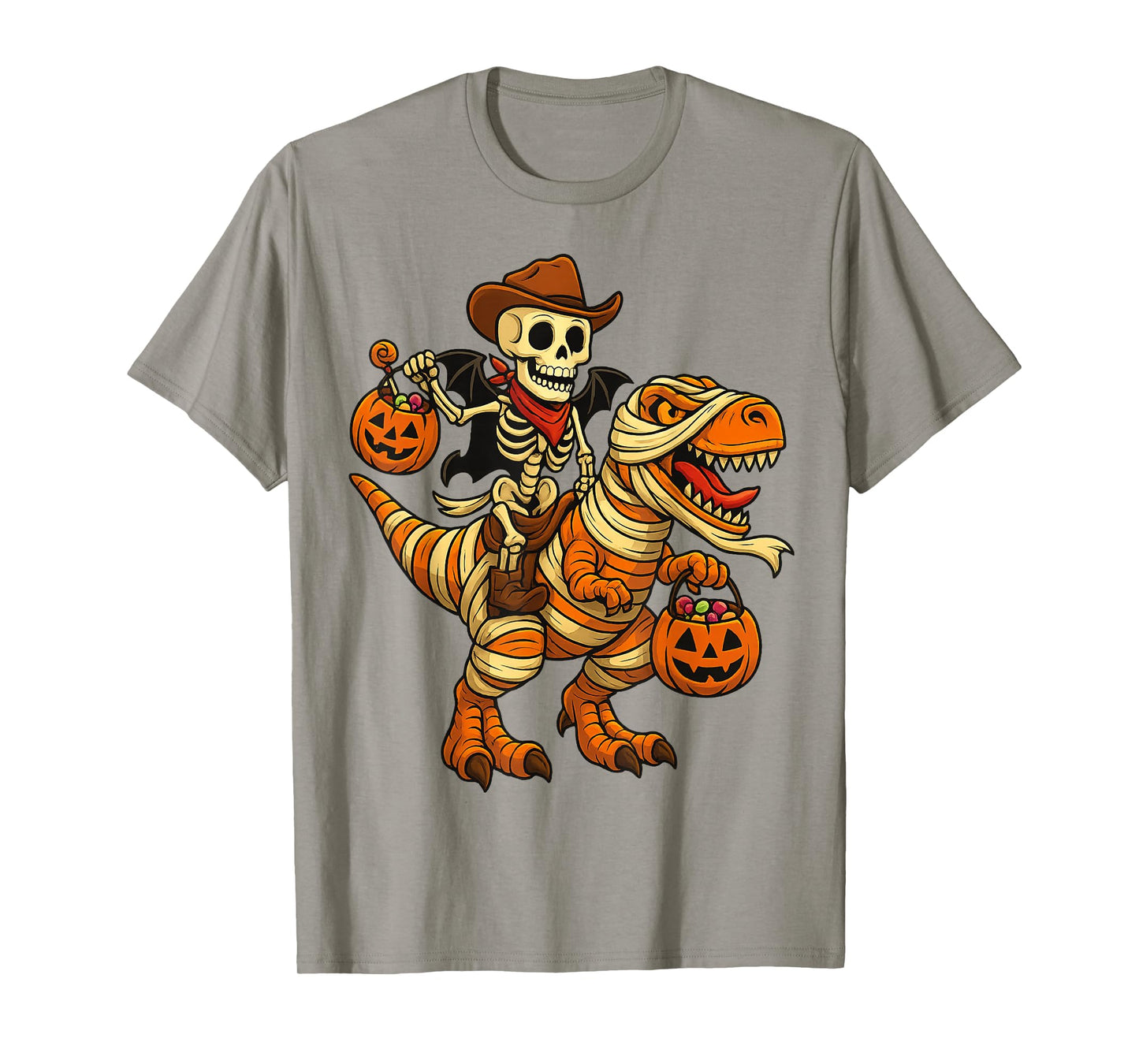 Skeleton Riding Mummy Dinosaur T rex Halloween Funny Pumpkin T-Shirt