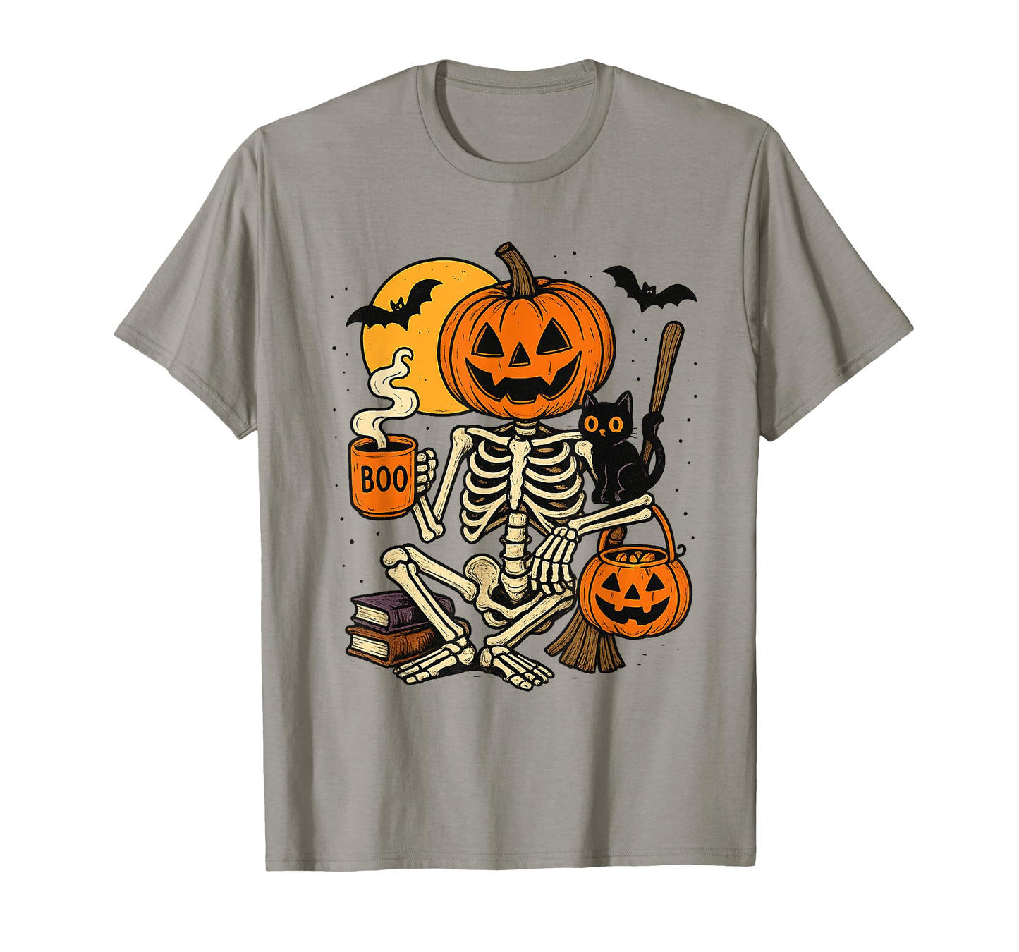 Spooky Cozy Pumpkin Skeleton Cat Coffee Trick or Treat T-Shirt