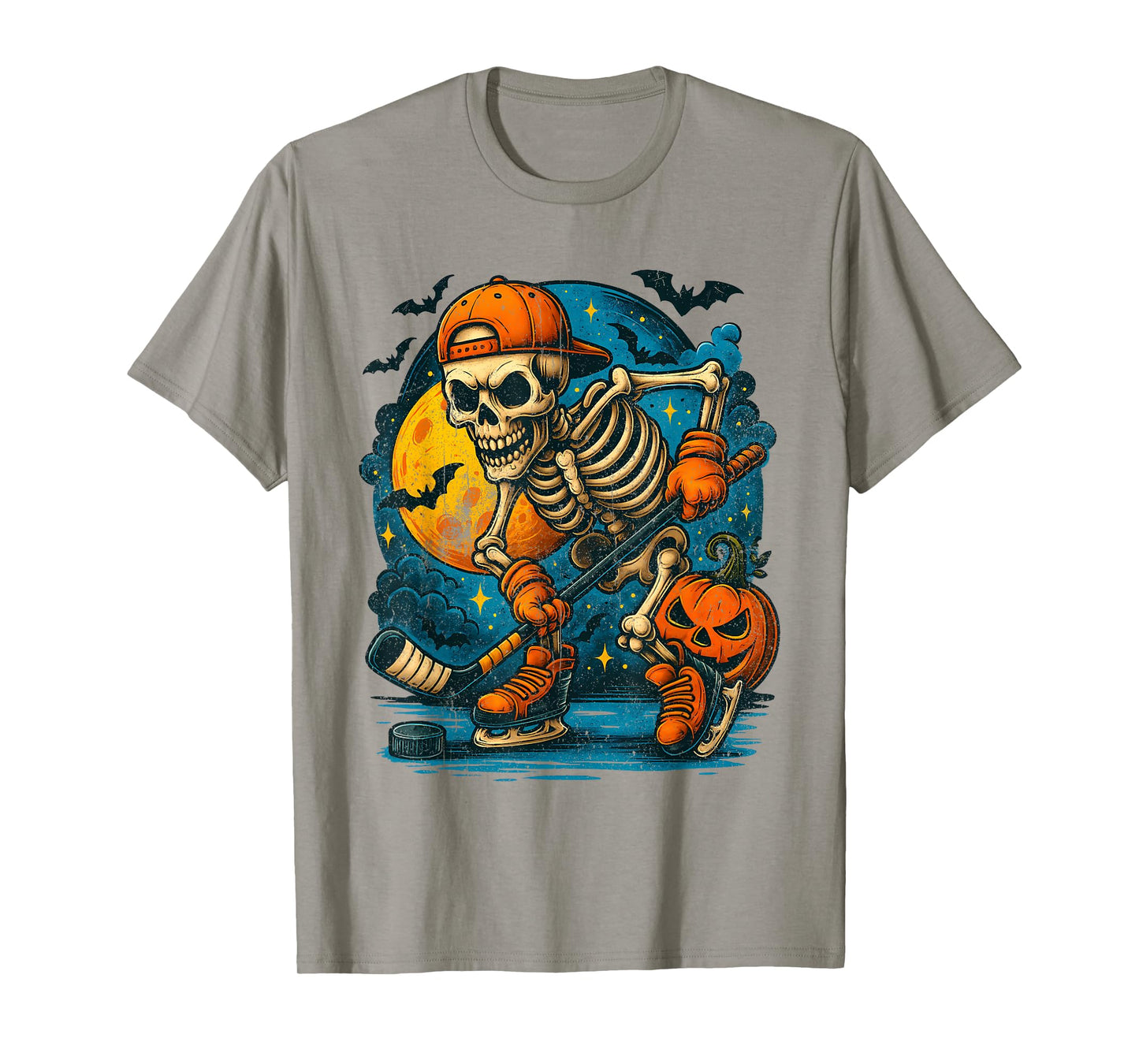 Vintage Halloween Skeleton Playing Hockey Pumpkins Spooky T-Shirt
