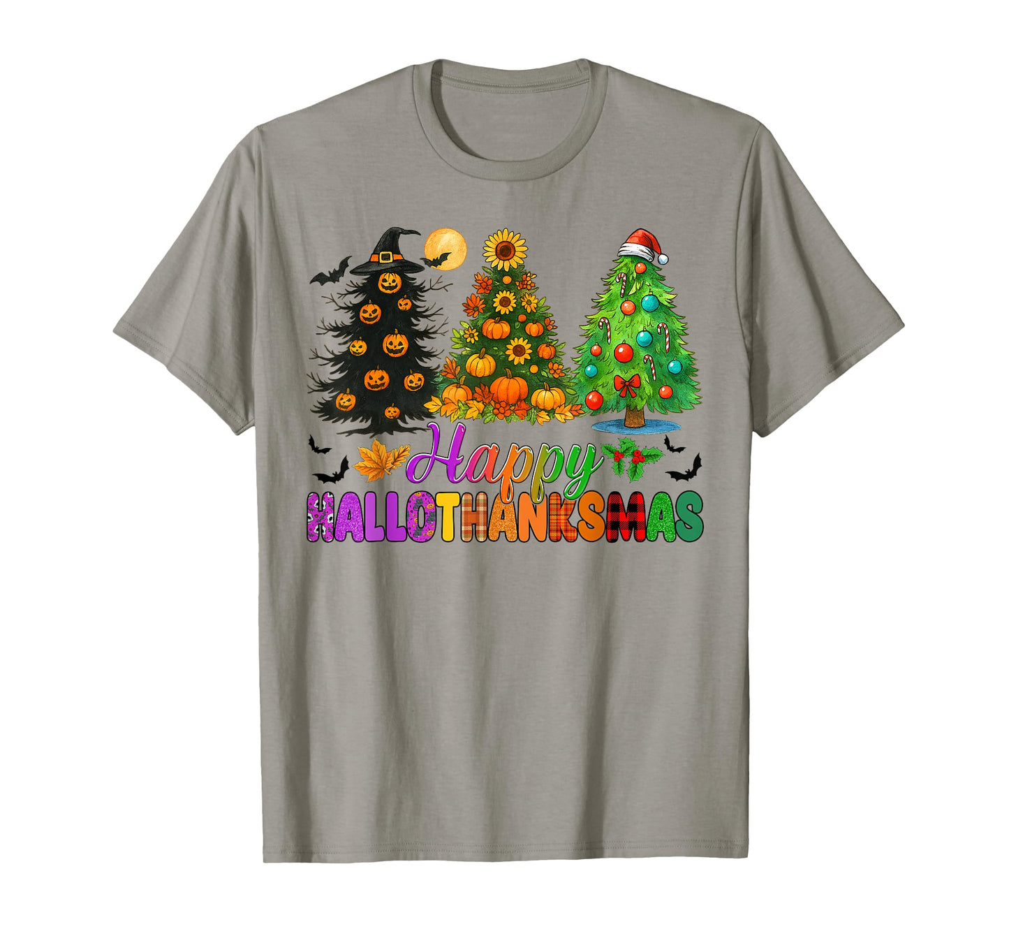 Happy Hallothanksmas Halloween Thanksgiving Christmas Trees T-Shirt