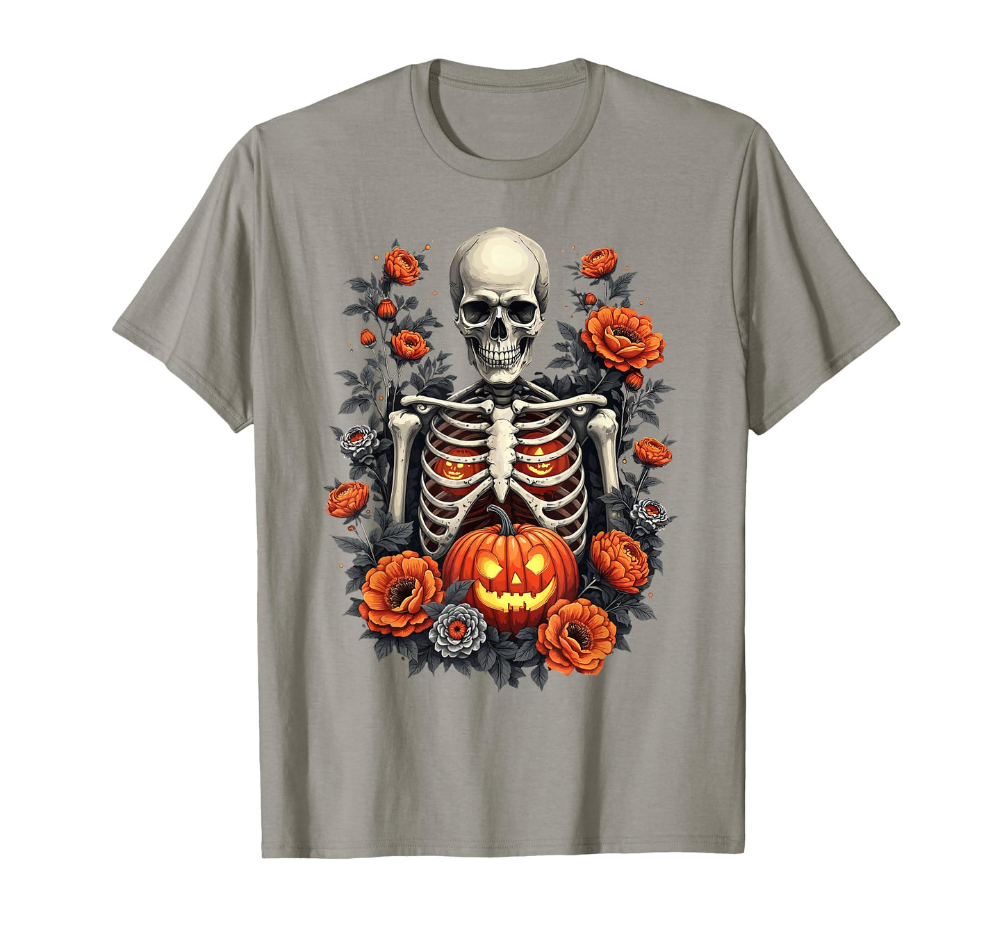 Retro Skeleton Floral Ribcage Pumpkin Fall Halloween Costume T-Shirt