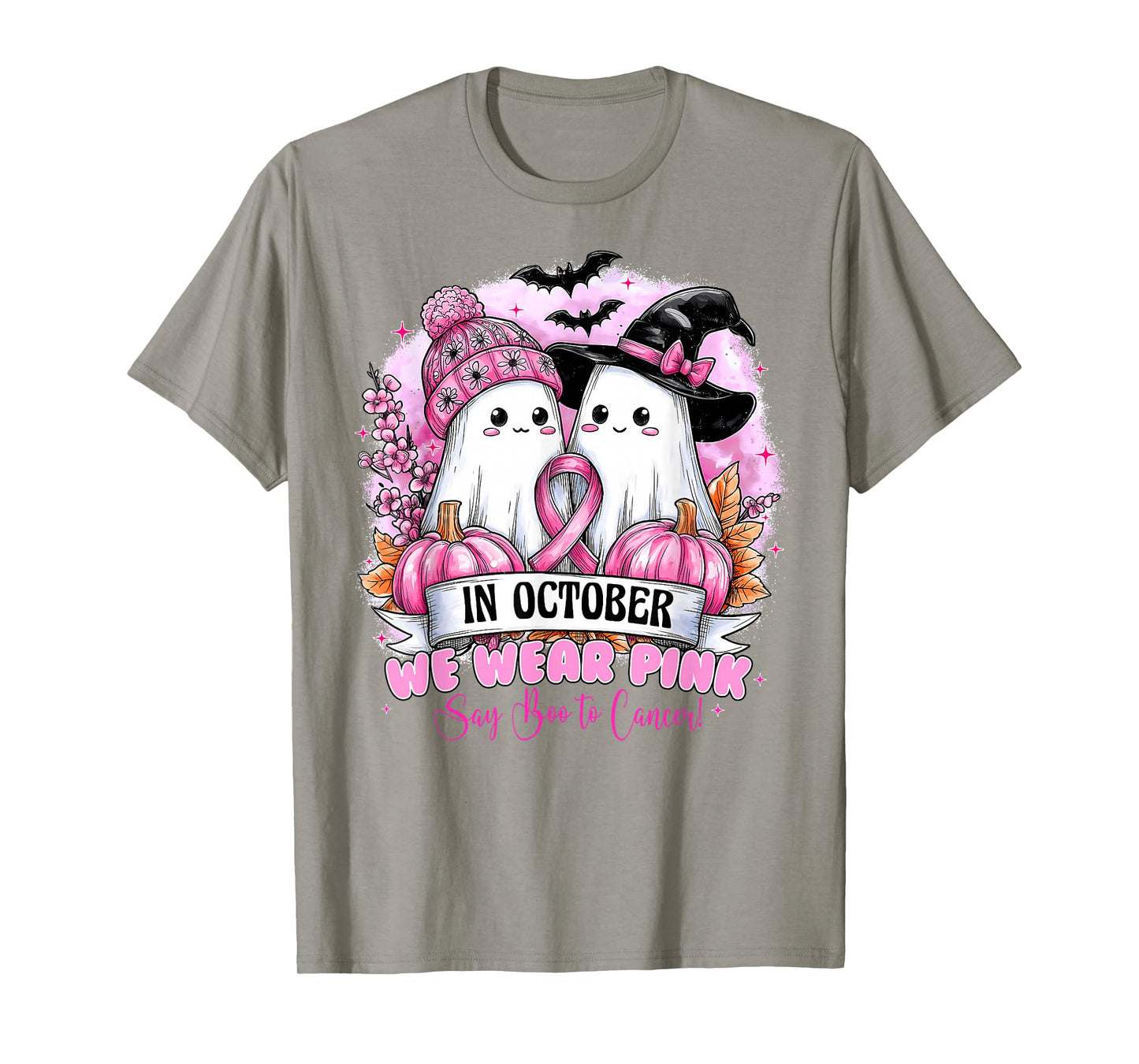 in October We Wear Pink Ghost Halloween Breast Cancer Women T-Shirt