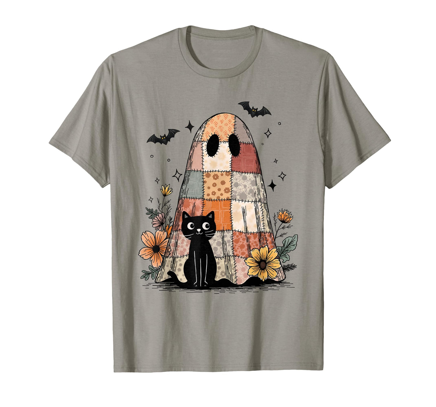 Preppy Retro Floral Patchwork Ghost and Black Cat Halloween T-Shirt