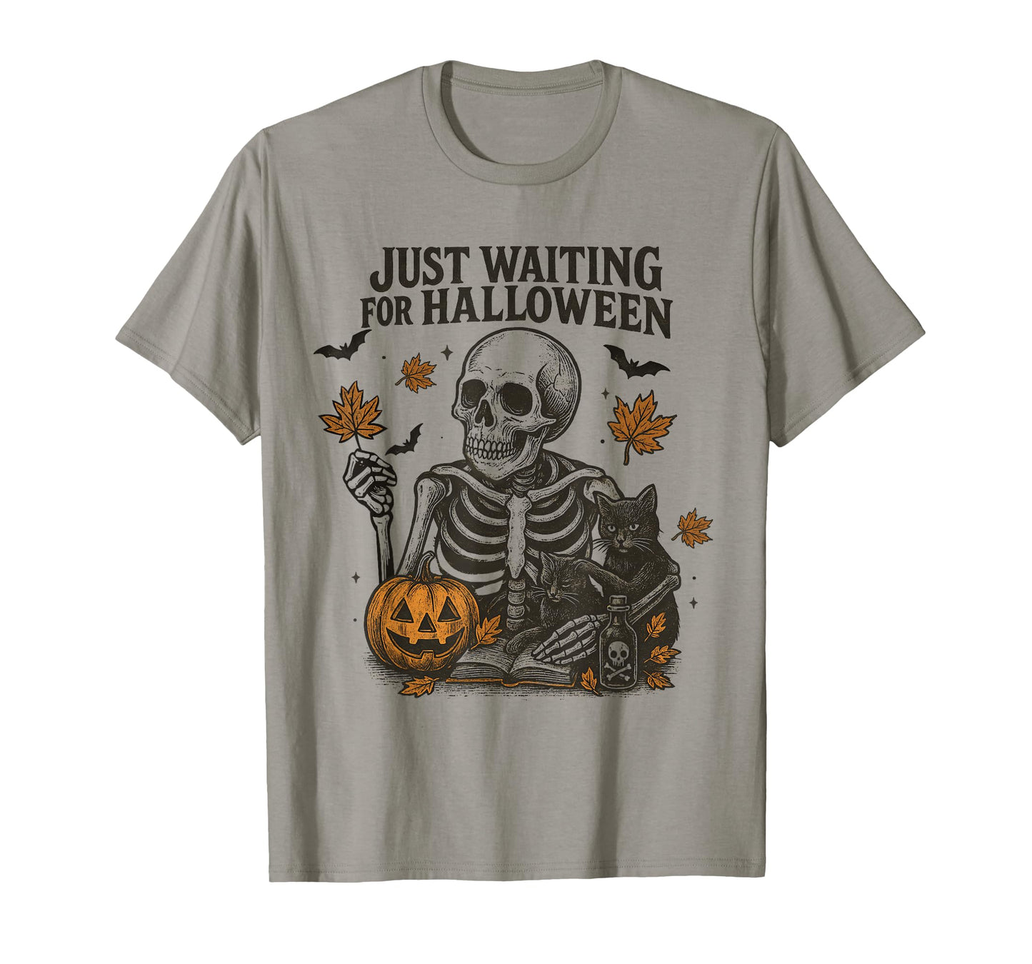 Just Waiting for Halloween Skeleton Cat Pumpkin Autumn Retro T-Shirt