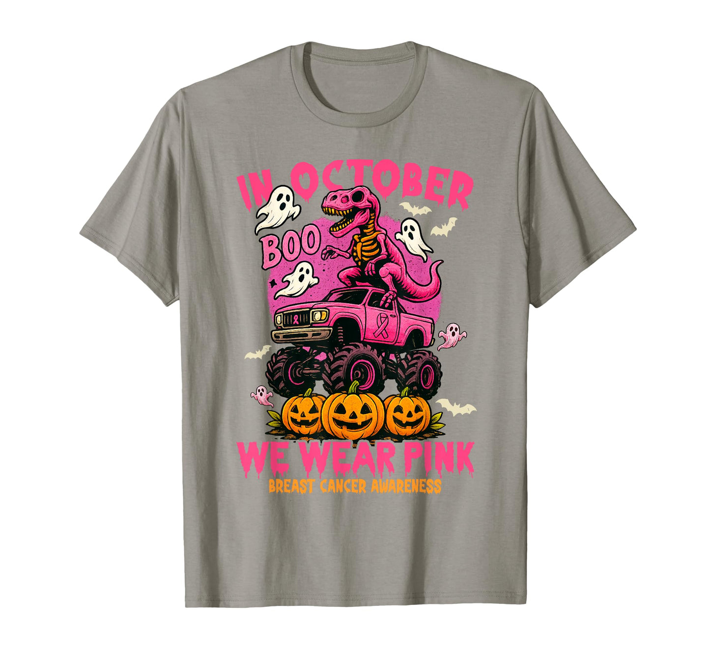 in October We Wear Pink Dinosaur T Rex Monster Truck Pumpkin T-Shirt