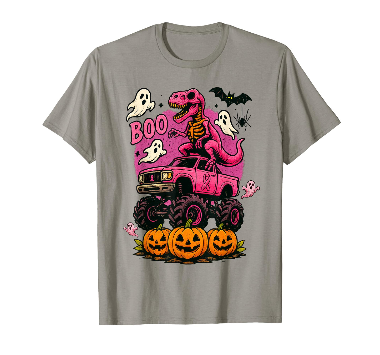 Skeleton T Rex Dinosaur Monster Truck Pumpkin Breast Cancer T-Shirt