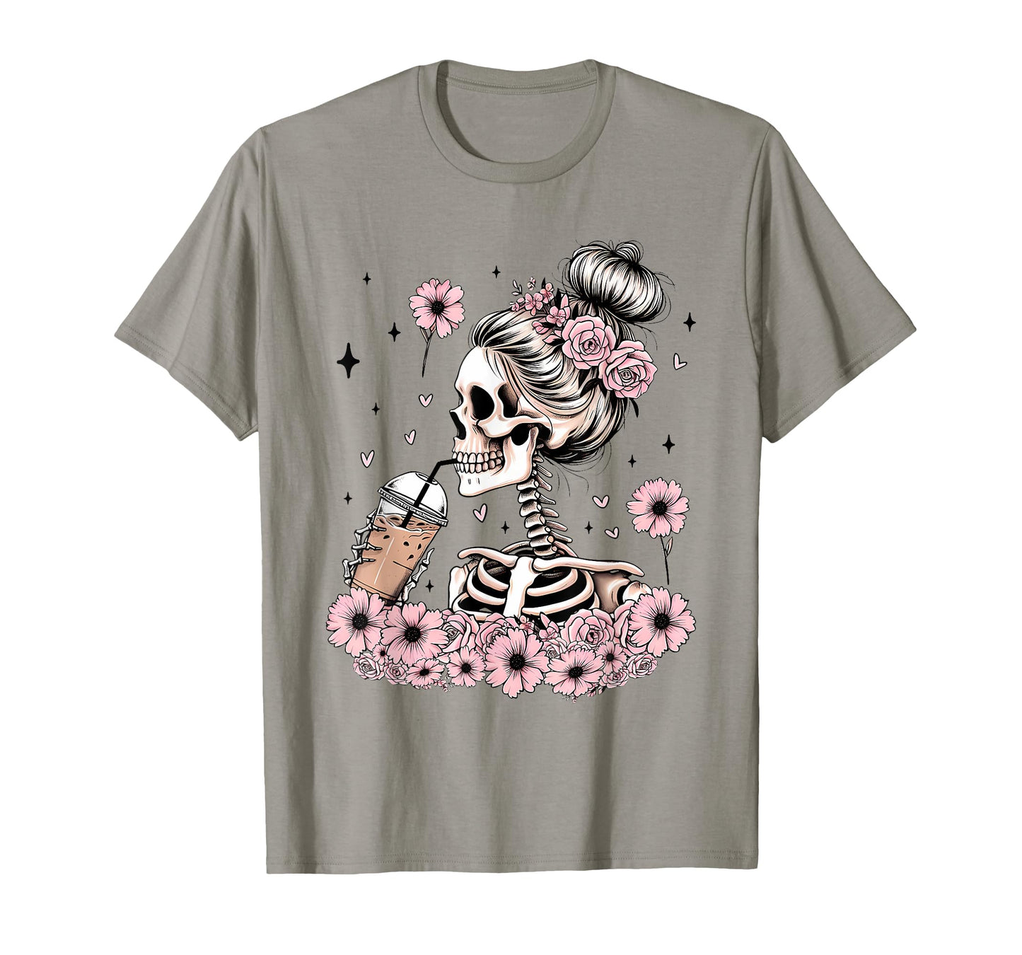 Halloween Skeleton Messy Bun Coffee Funny Costume Mom Women T-Shirt