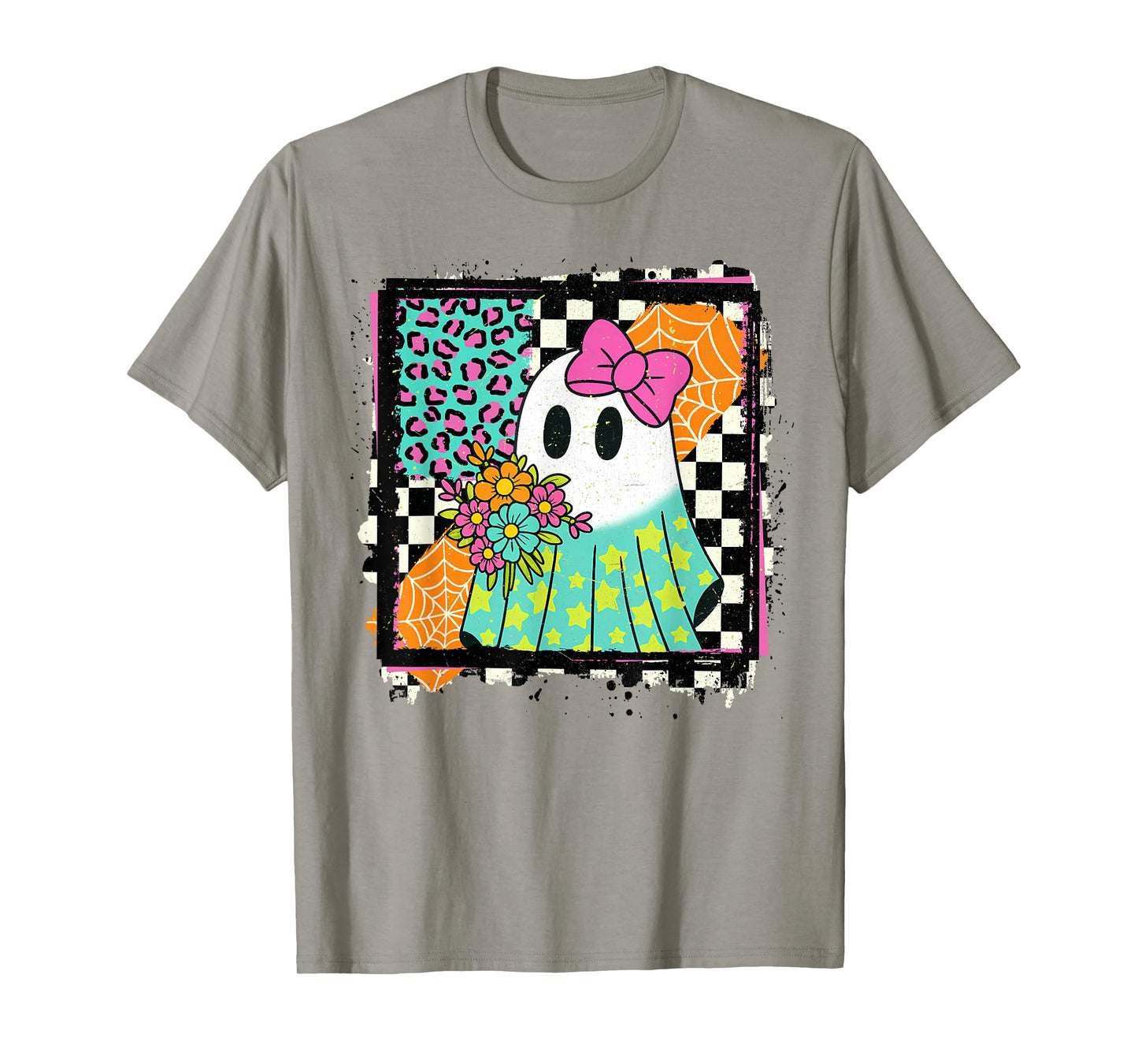 Halloween Leopard Checkered Fall Spooky Ghost Girly Girls T-Shirt