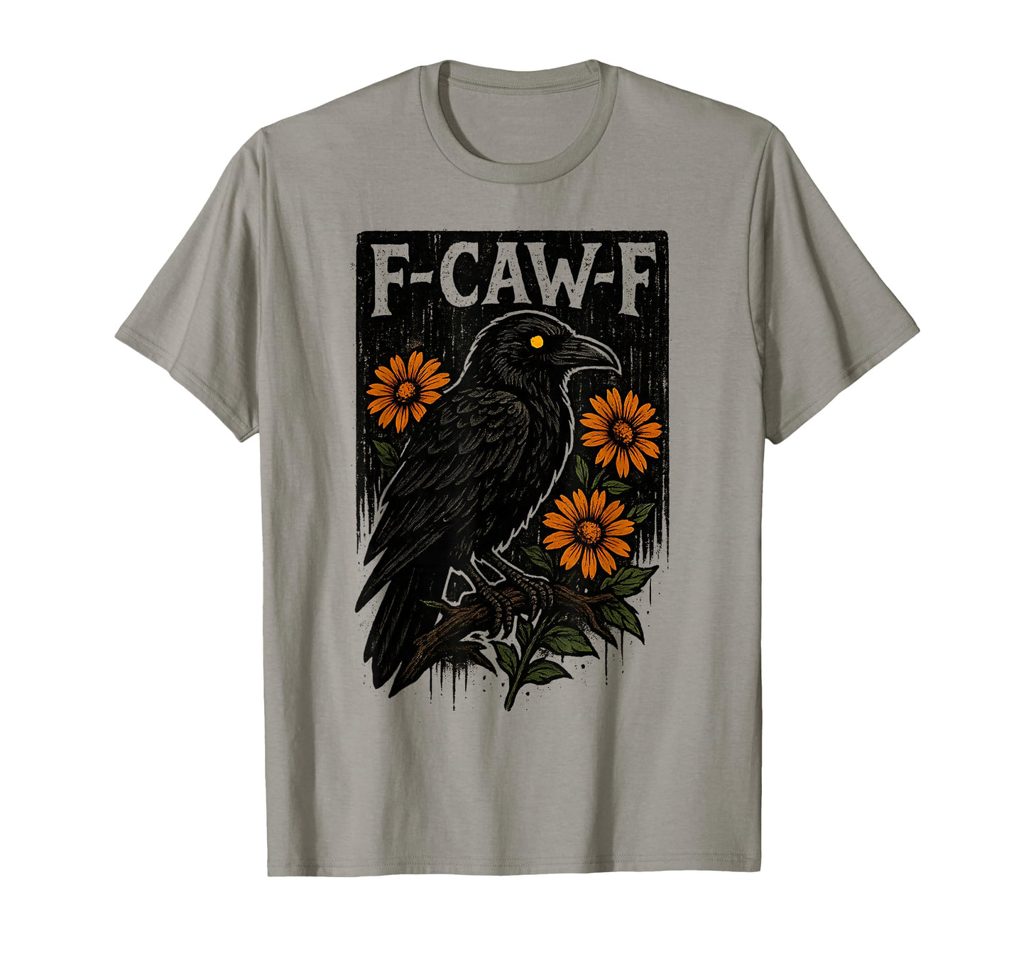 Black Crow F-Caw-F Black Bird Human Skull Floral Gothic T-Shirt