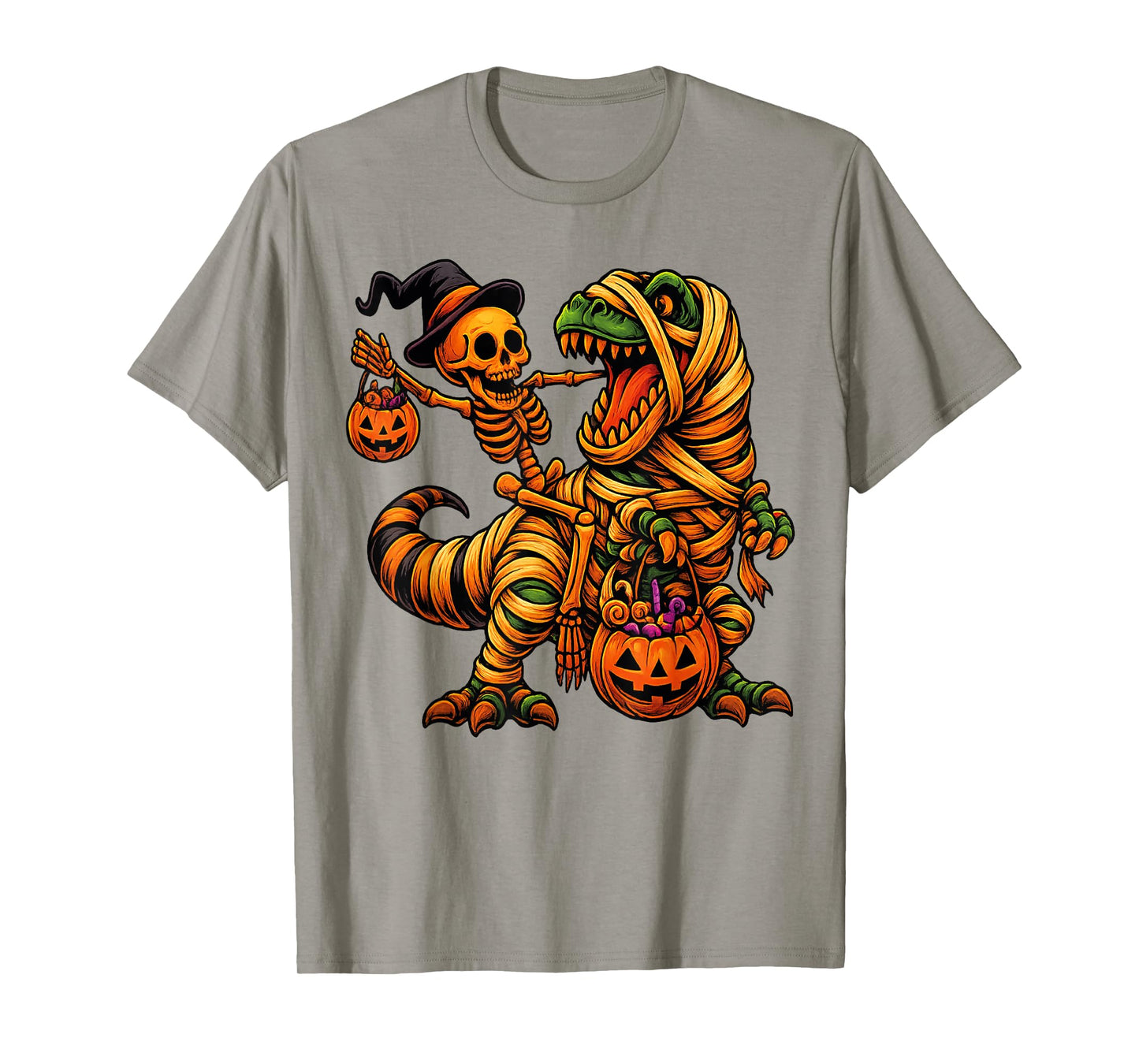 Skeleton Riding Mummy Dinosaur T rex Halloween Funny Pumpkin T-Shirt