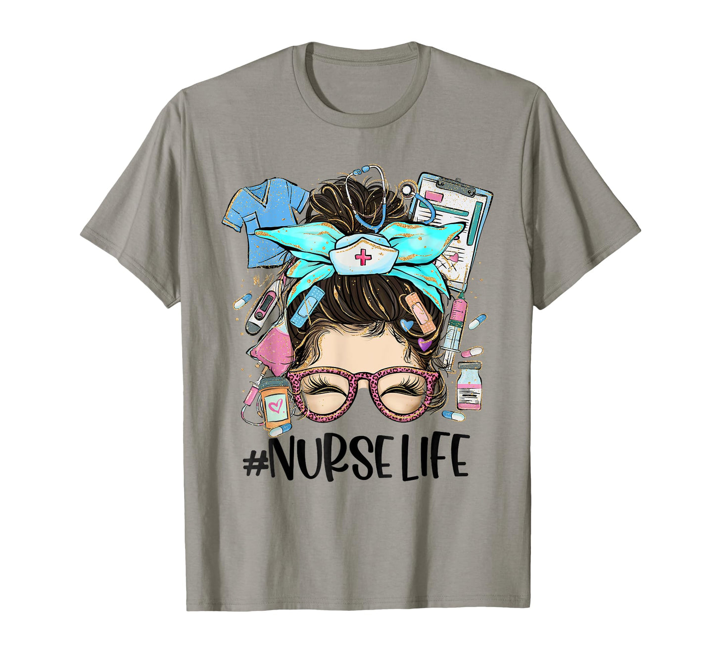 Nurse Life Messy Bun Leopard Glasses Bandana Nurse Week 2025 T-Shirt