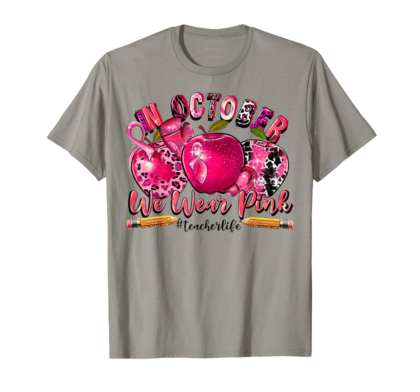 In October We Wear Pink Teacher Apple Breast Cancer Month T-Shirt