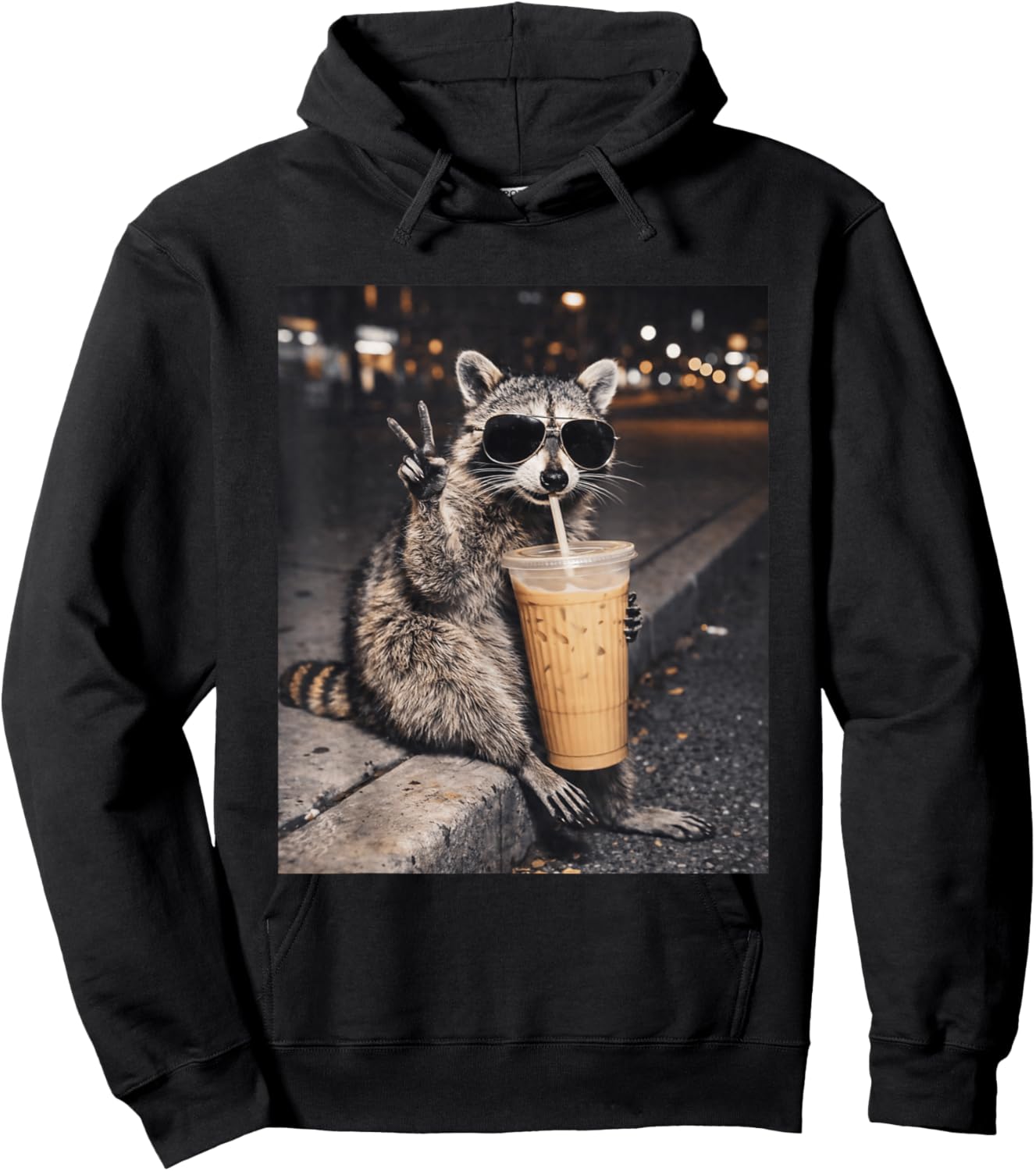 Raccoon Drinking Iced Coffee Funny Animal Meme T-Shirt Hoodie - Hoodie | Black