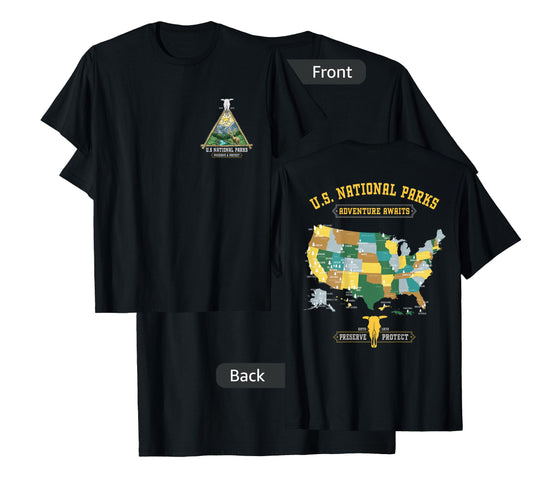 All 63 US National Parks Adventure Map Graphic(+ back print) T-Shirt