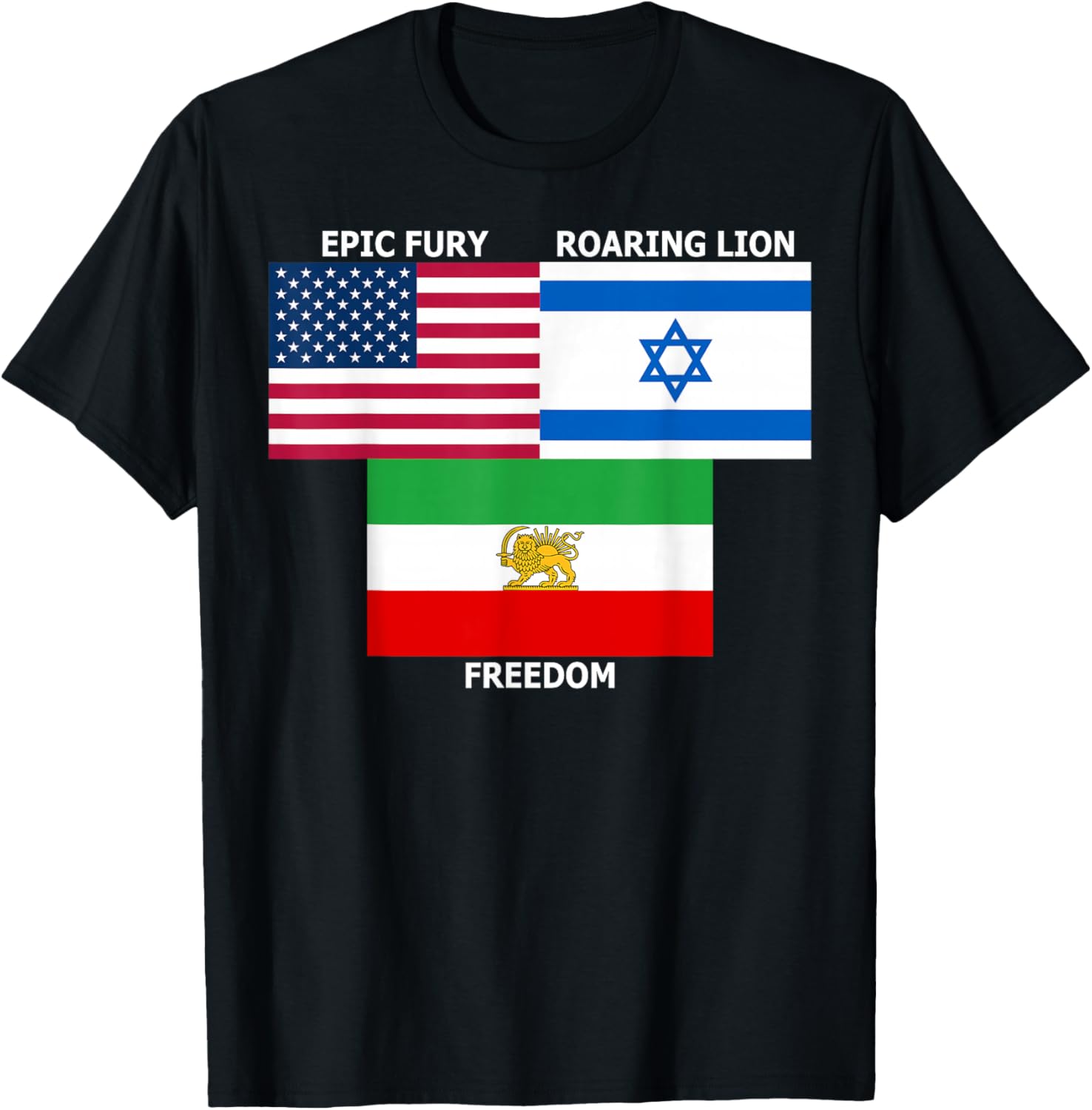 United States Israel Iran Lion and Sun Flags, Freedom Unity T-Shirt - T-Shirt | Black