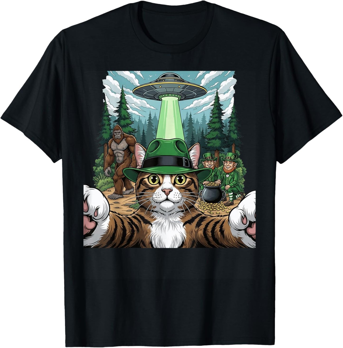 St Patricks Day Bigfoot Leprechaun Cat UFO Funny Scene T-Shirt - T-Shirt | Black