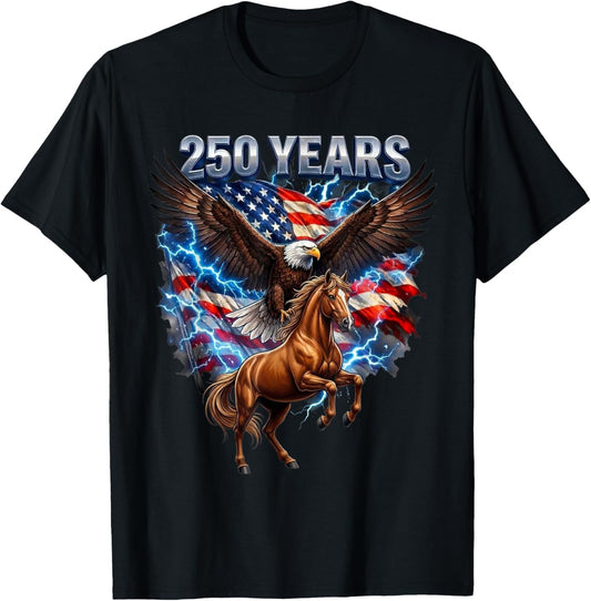 USA 250th Anniversary Bald Eagle & Clydesdale Horse T-Shirt T-Shirt - T-Shirt | Black