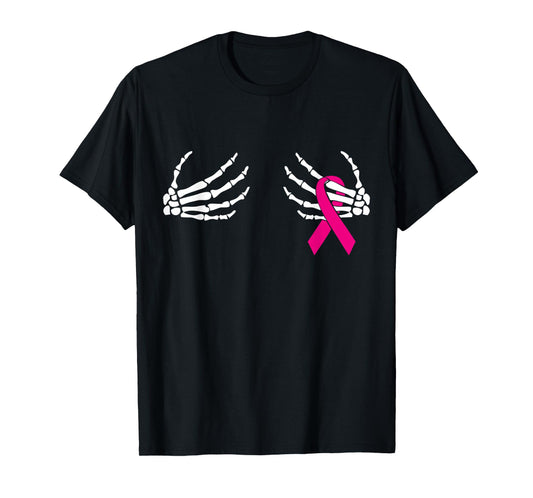 Skeleton Hands Breast Cancer Awareness Month Pink Ribbon T-Shirt