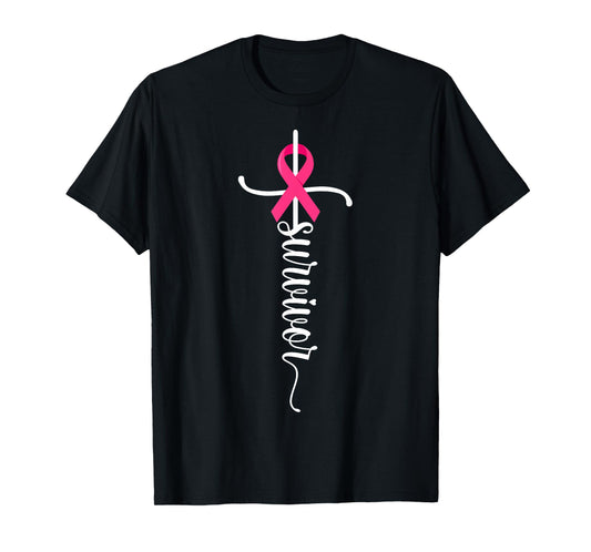 Survivor Christian Cross Warrior Pink Ribbon Breast Cancer T-Shirt