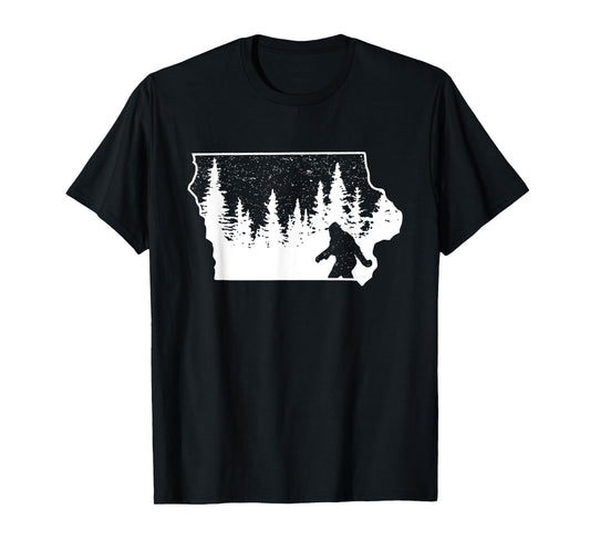 Bigfoot Iowa Pride Funny Sasquatch Love Iowa Map Distressed T-Shirt