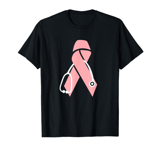 Breast Cancer Awareness Scrub Top Stethoscope Pink Ribbon T-Shirt
