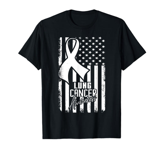 Lung Cancer Awareness American Flag White Ribbon Women Kids Men T-Shirt
