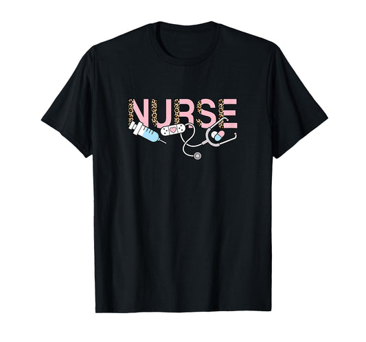 Cute Pink Nurse Leopard Print Nursing Women Girls T-Shirt