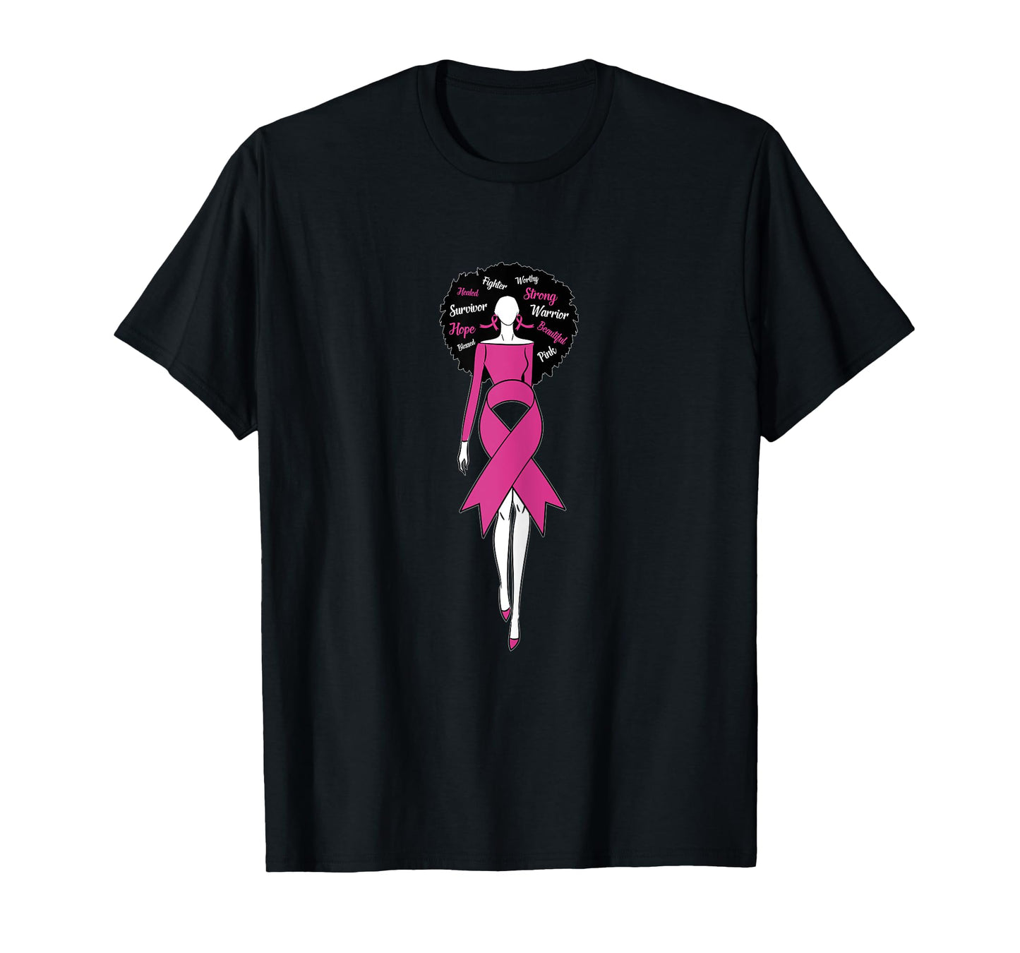 Womens Afro Black Woman Pink Ribbon Dress Breast Cancer Awareness T-Shirt