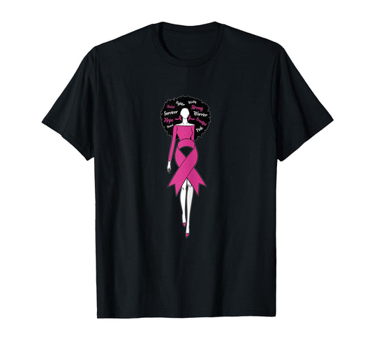 Womens Afro Black Woman Pink Ribbon Dress Breast Cancer Awareness T-Shirt