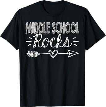 Middle School Back To School Matching Group Gift Middle School Rocks 1st Day Of School Unisex T-Shirt - Black, Short Sleeve, Crew Neck, Crew Collar, Regular Fit, Small, US Size 6