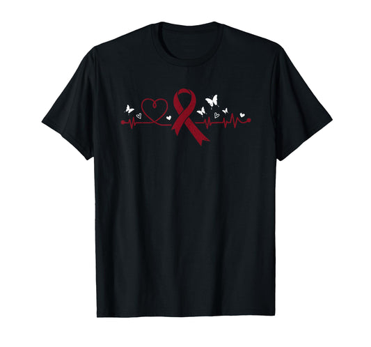 Multiple Myeloma Heartbeat Burgundy Ribbon Cancer Awareness T-Shirt