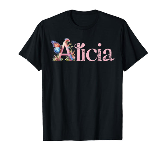 Alicia Initial A Spring Floral And Wings Name T-Shirt