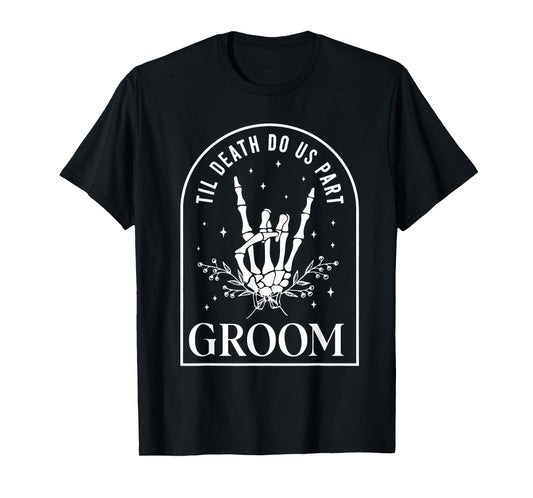 Groom Bride Skeleton Rock Hand Couples Wedding Halloween T-Shirt
