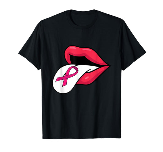 Pink Ribbon Tongue Out Breast Cancer Awareness Funny Lips T-Shirt