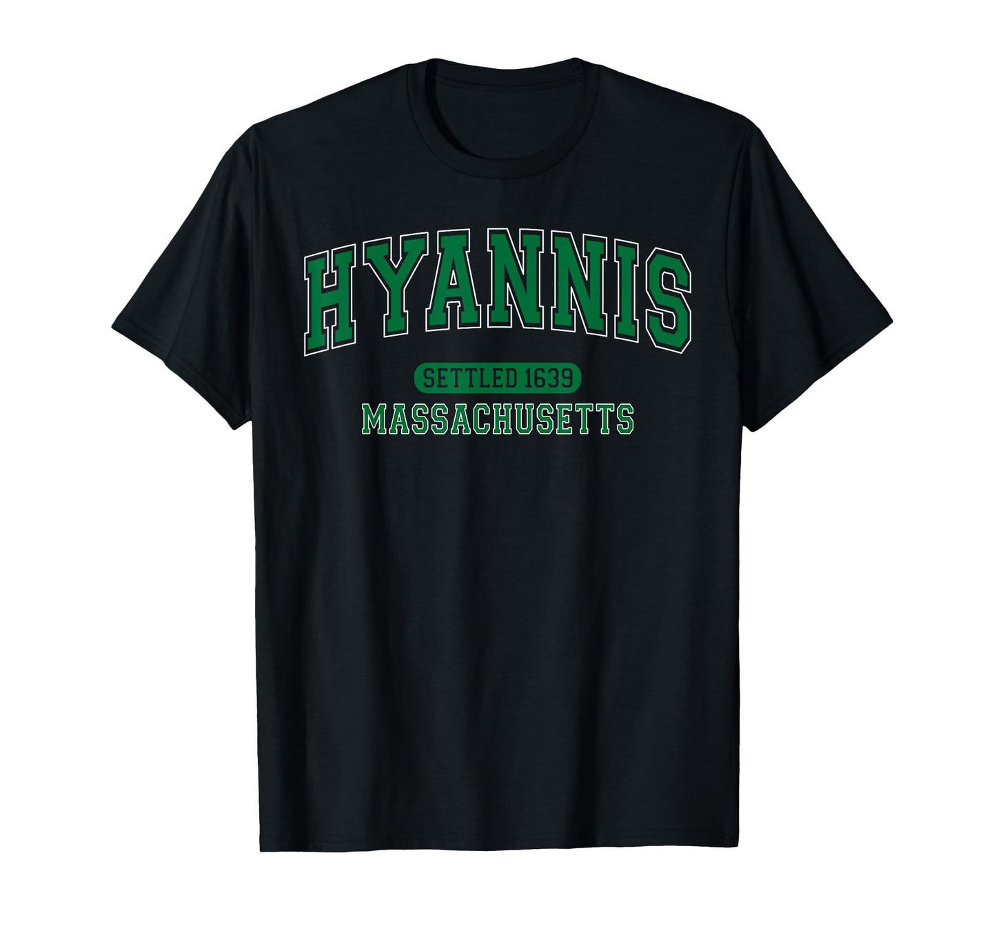 Hyannis Massachusetts Settled 1639 Arched Varsity Green T-Shirt