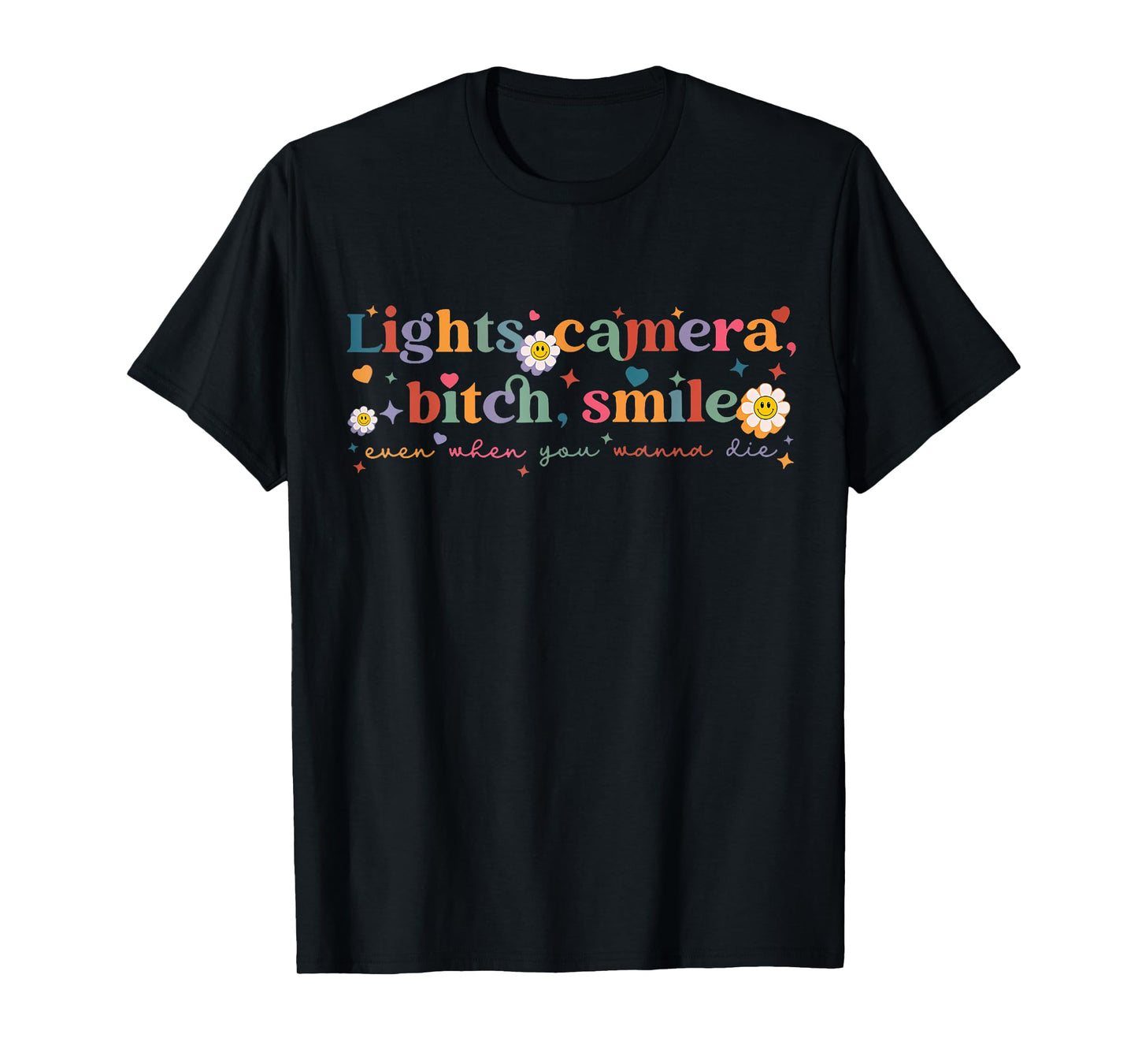 Funny Lights Camera Bit-Ch Smile Tee Retro Girls Women T-Shirt
