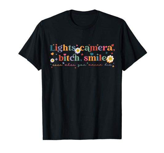 Funny Lights Camera Bit-Ch Smile Tee Retro Girls Women T-Shirt