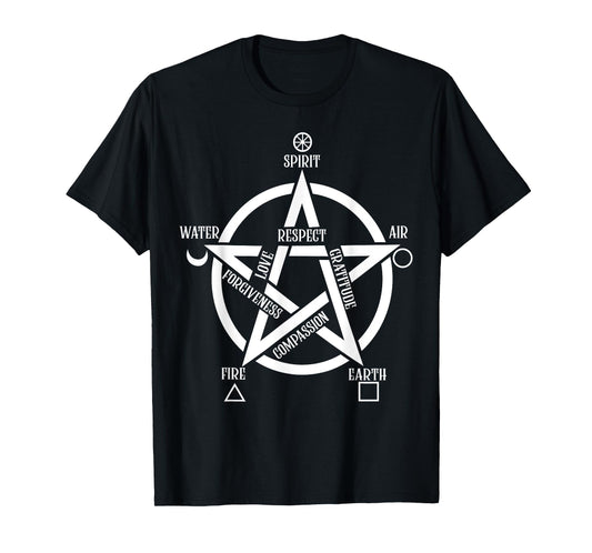 Spirit Water Fire Earth Air - Elemental Pentacle Witch T-Shirt