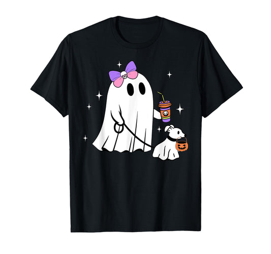 Halloween Cute Ghost Walking Dog Spooky Coquette Ghost Women T-Shirt