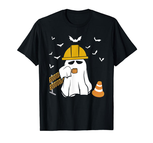Funny Ghost Drink Coffee Halloween Construction Worker T-Shirt