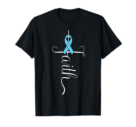 Prostate Cancer Awareness Light Blue Ribbon Faith Survivor T-Shirt