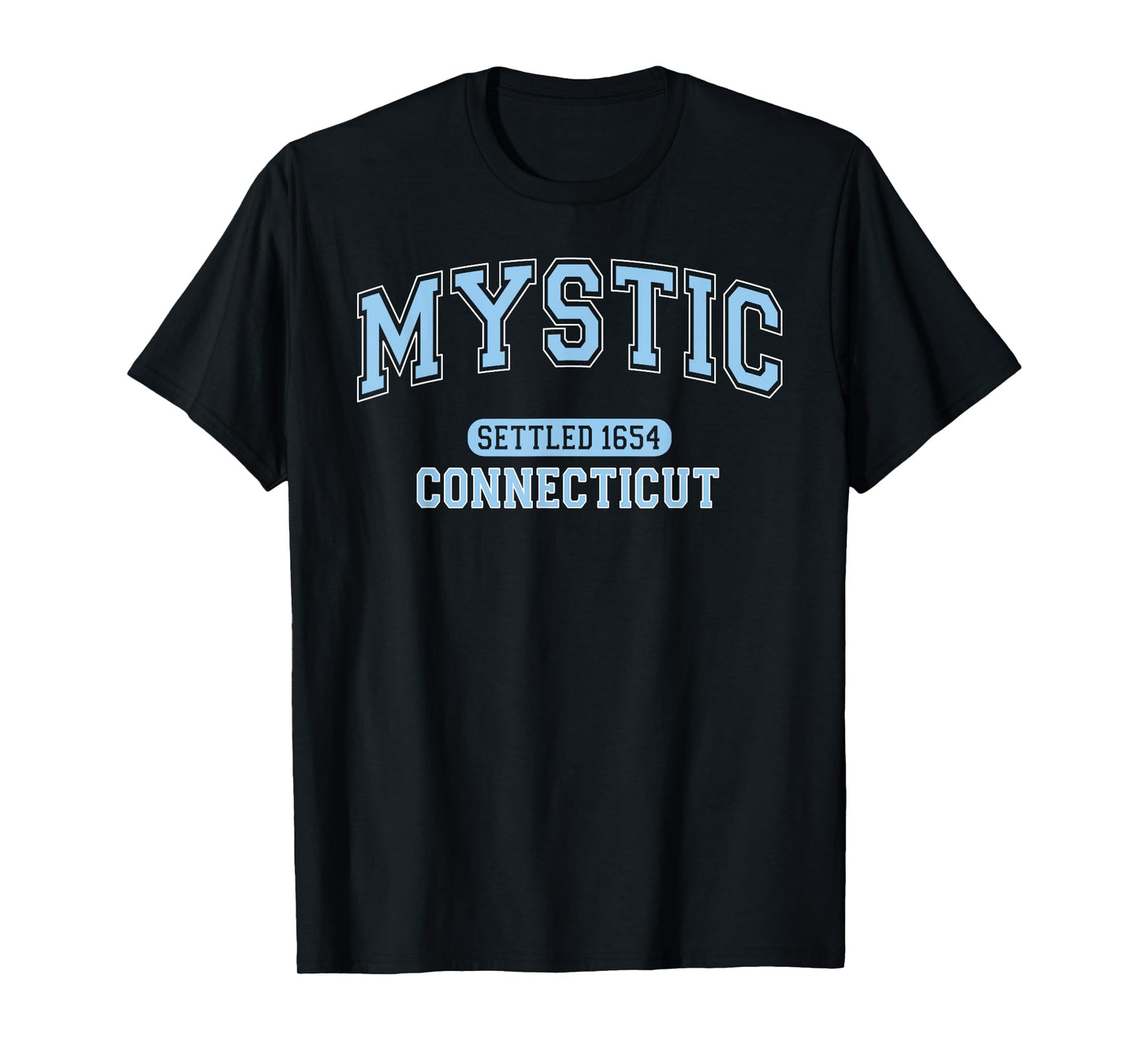 Mystic Connecticut Settled 1654 Vintage Arched Pale Blue T-Shirt