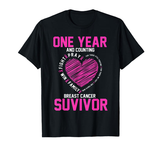 1 Year cancer free pink breast cancer awareness T-Shirt